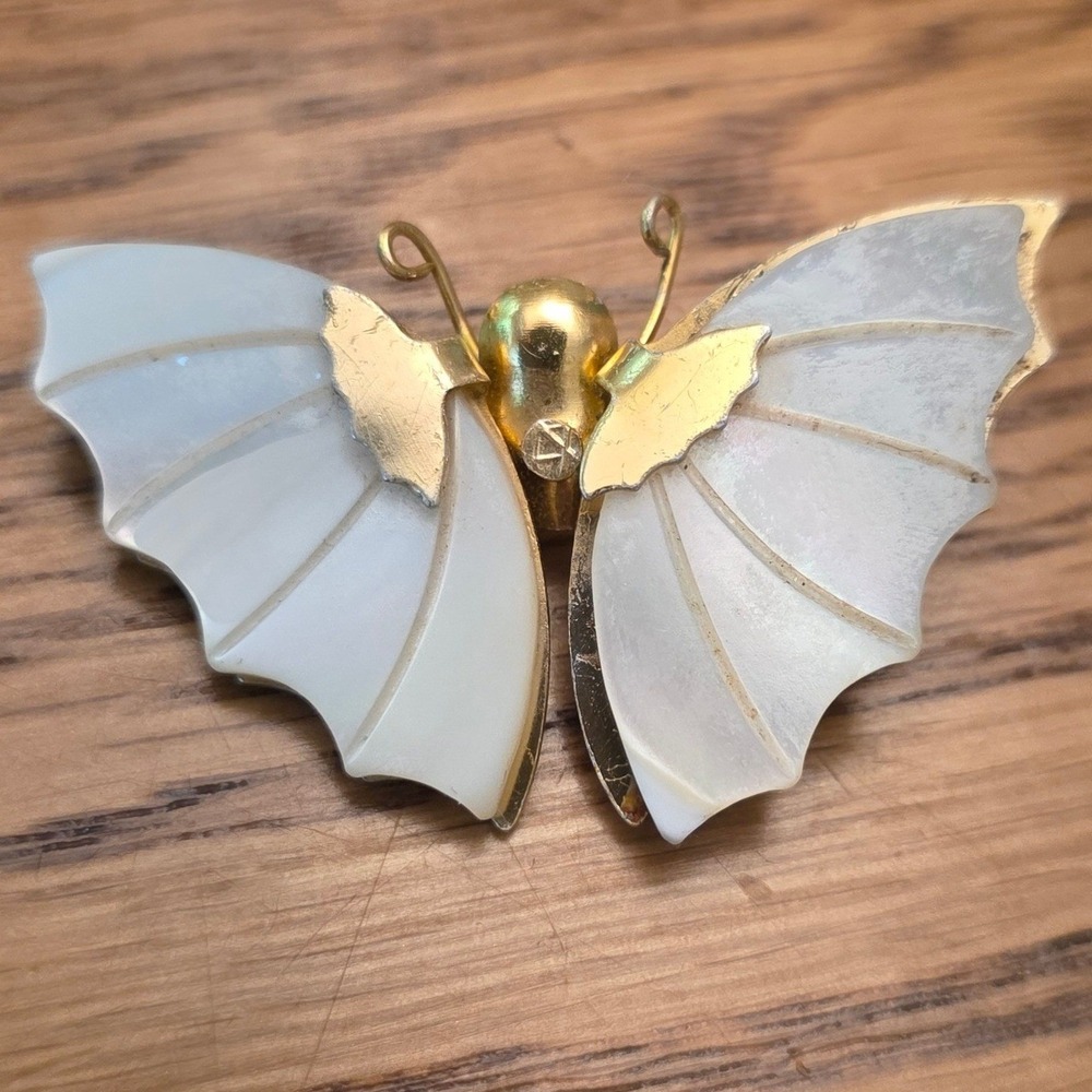 Vintage Mother of Pearl Butterfly Brooch Gold Tone Carved Shell Pin 1.5" Moth